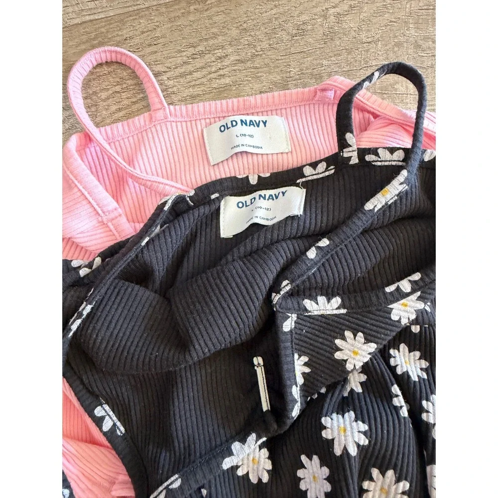 Old Navy Girls Ribbed Cami Dress Set 2pk Daisy Floral Pink Black Size L 10-12